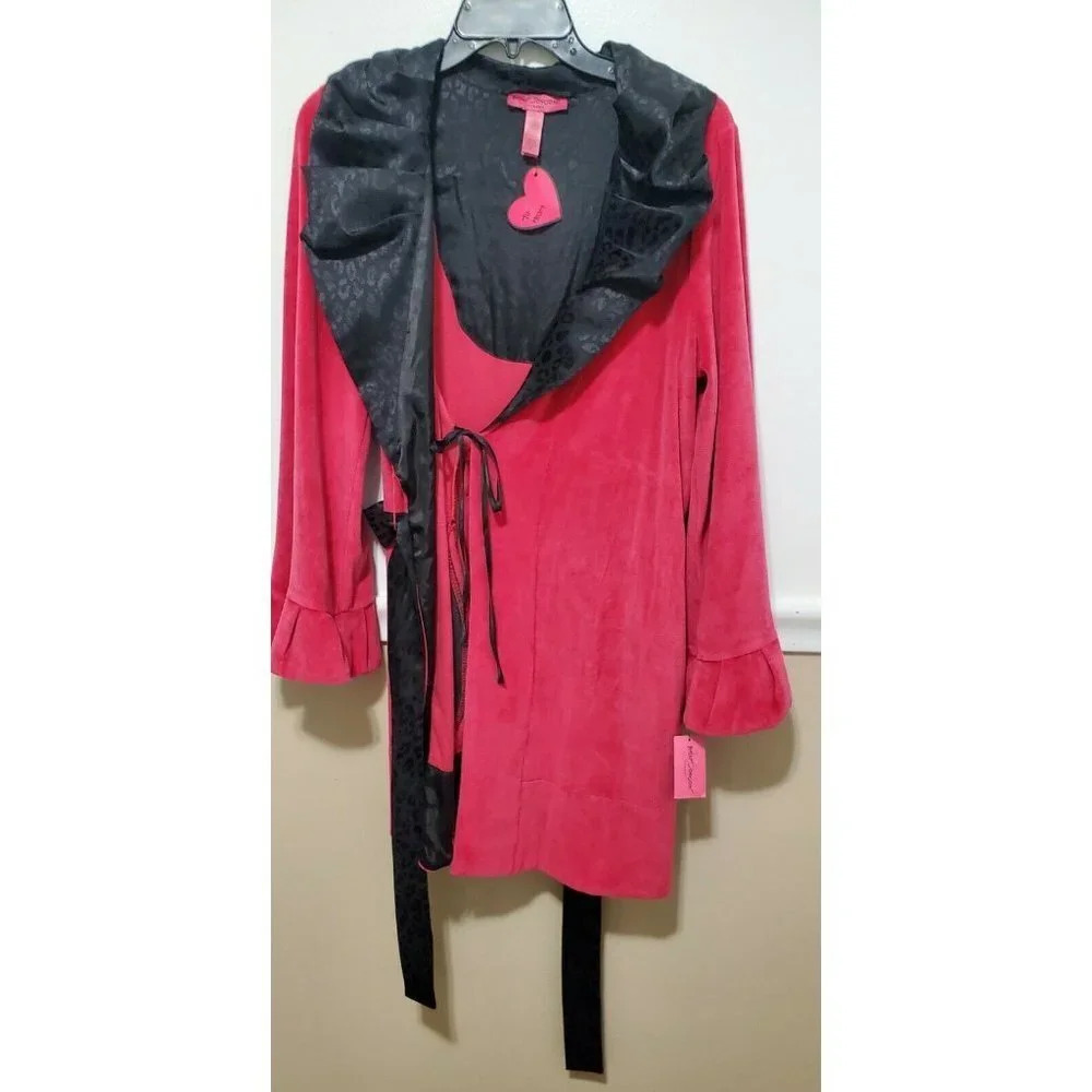 Betsey Johnson Boujie Plush Velour Pink Black Robe - Picture 4 of 12
